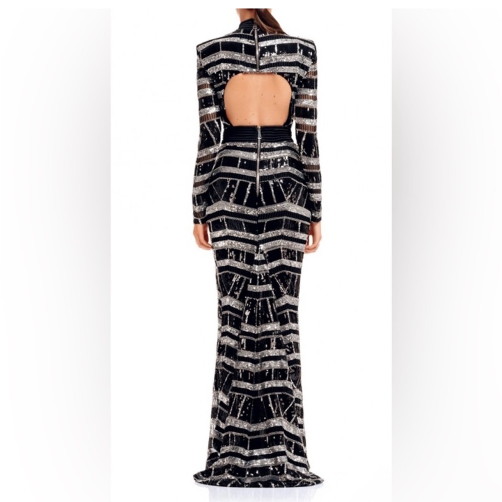 Zhivago Black and Silver Sequin Long Sleeve High-Slit Gown - Picture 2 of 11